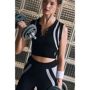 New Free People Movement Free Kick Crop Henley Black Muscle Tank Women's Size XS